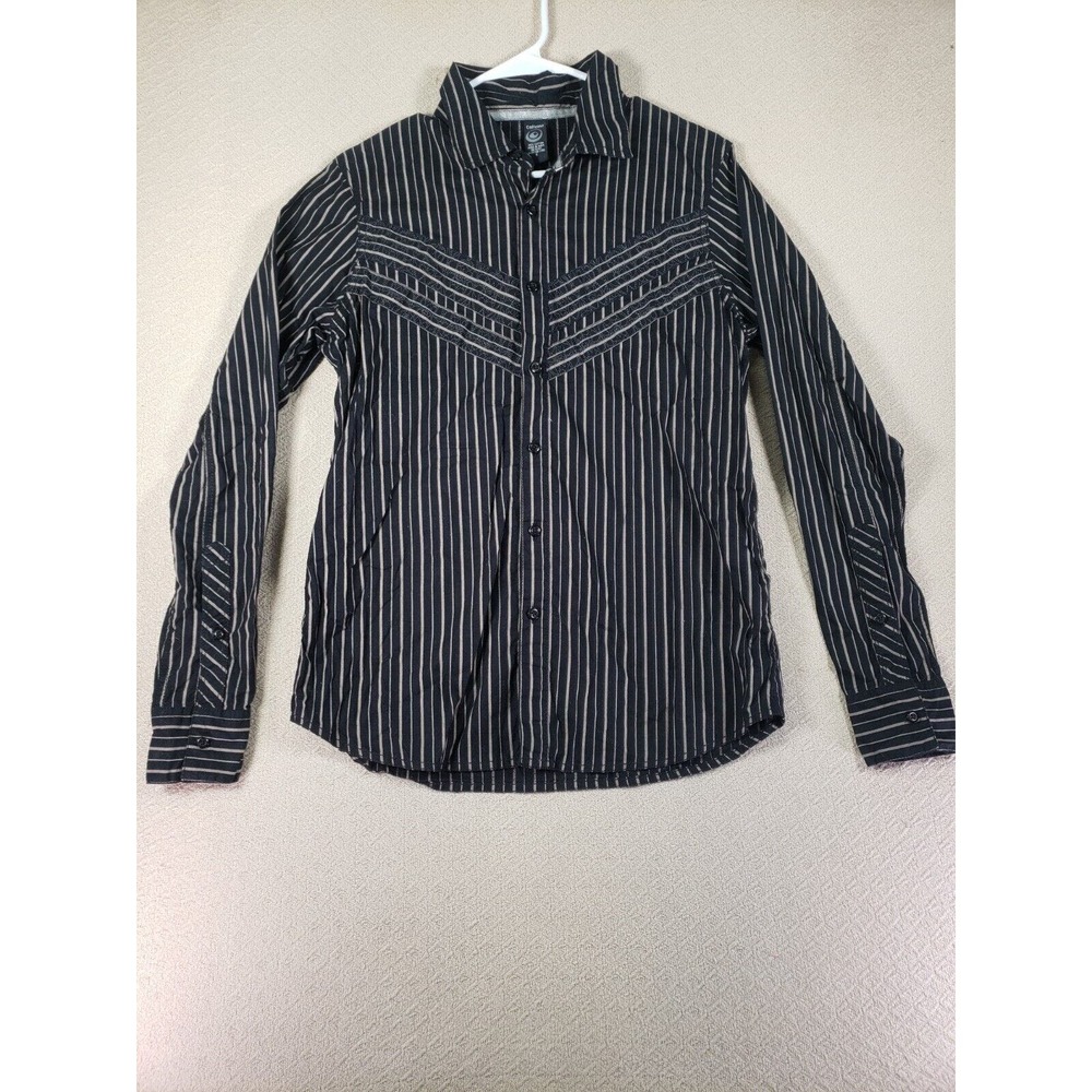 Caffeine Shirt Mens Small Black Striped 100% Cotton Collared Button Up Outdoor